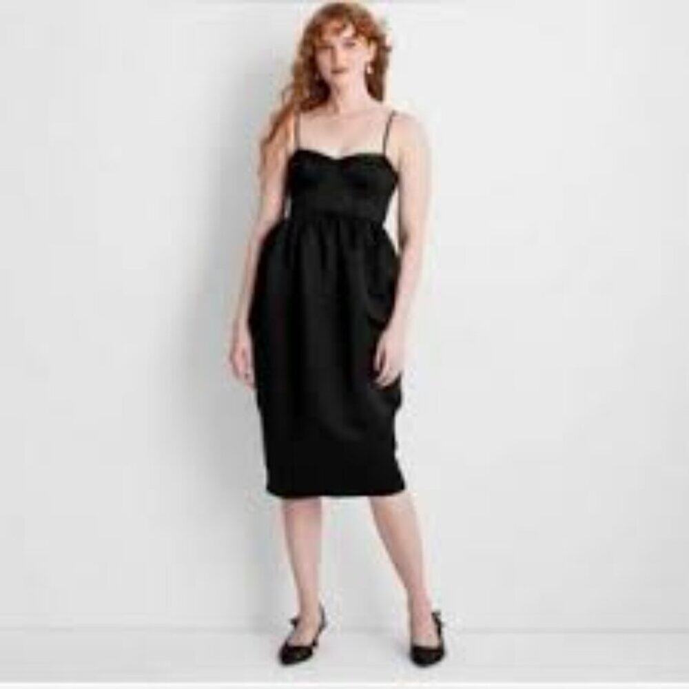 Future Collective Holiday Sweetheart Bubble Satin Midi Dress Black Classic Sz S